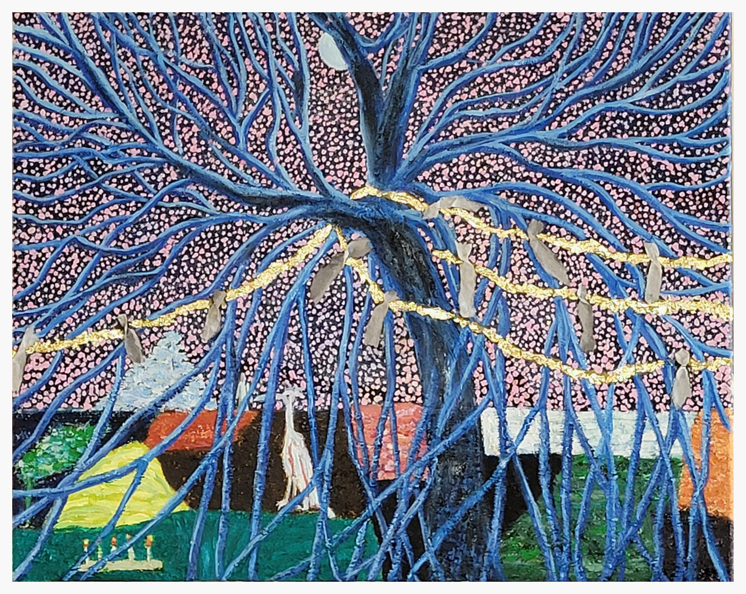 Prayers III Tree God: 20x16 Acrylic, gold foil, and rice paper on canvas