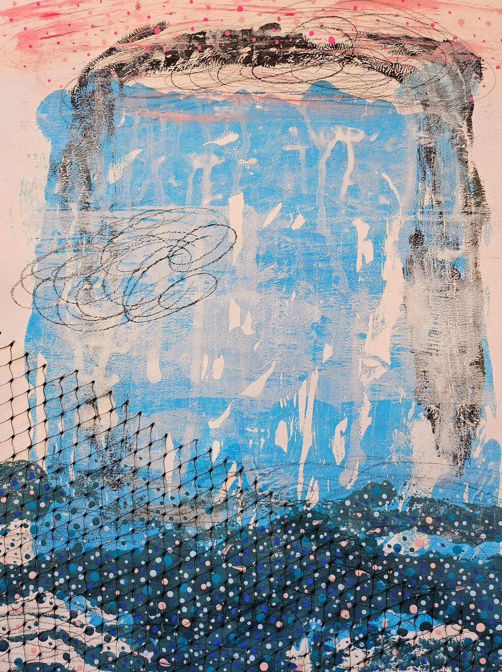 Anxiety III: 14x17 Acrylic, Oil stick, Charcoal pencil, and Plastic netting on paper