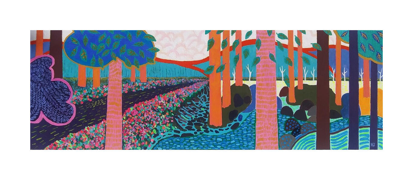 Be Happy: 28x10 Acrylic on board. Permanent collection and the winner of 2021 Catholic Foundation Art Competition, Dallas TX