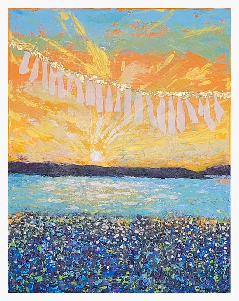 Prayers II: 9x11 Acrylic, rice paper &amp; gold foil on canvas