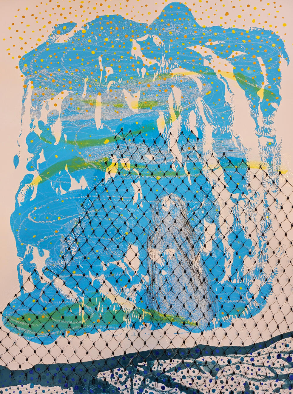 Anxiety II: 14x17 Acrylic, Oil stick, Charcoal pencil, and Plastic netting on paper