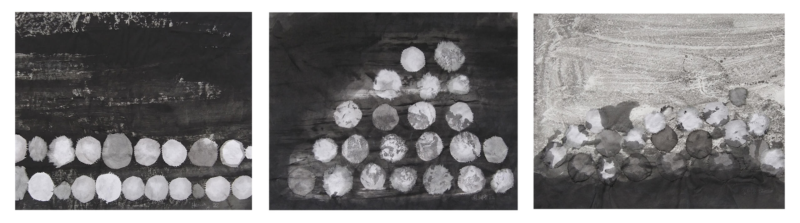 3 AM: 33x27 Ink and rice paper. 11x9 each. The third piece is in the permanent collection of Dallas College at Brookhaven campus.