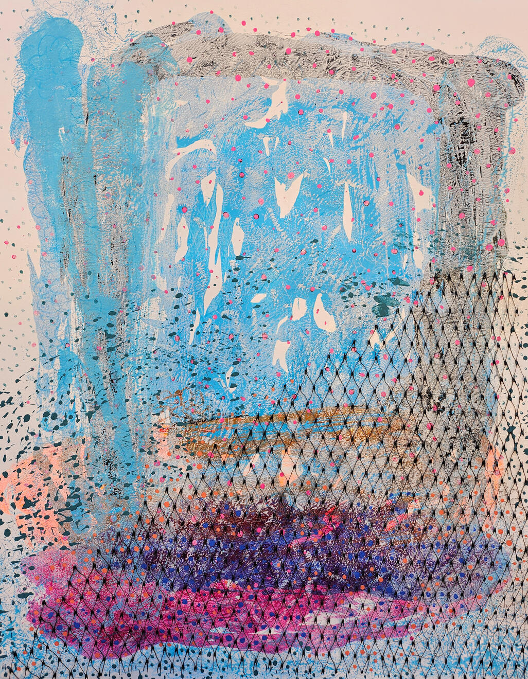 Anxiety IV: 14x17 Acrylic, Oil stick, Charcoal pencil, and Plastic netting on paper